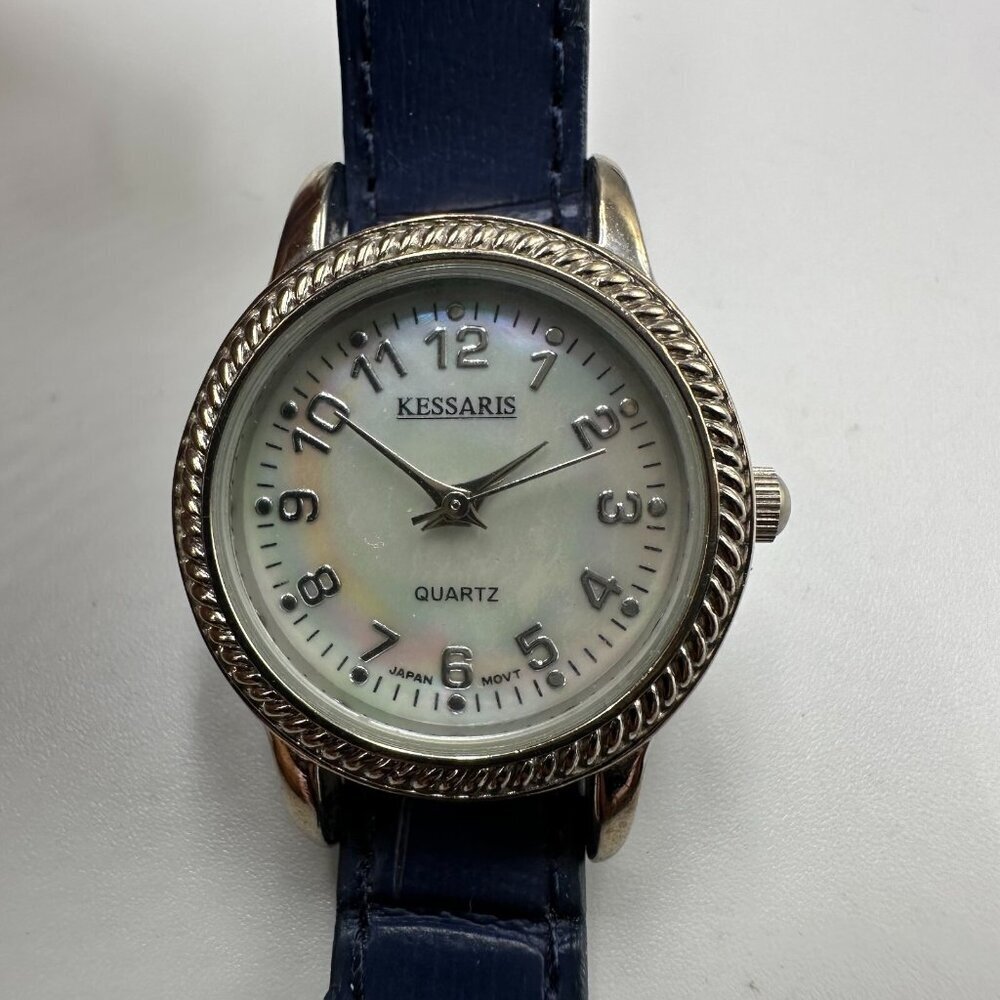 3/$30 Kessaris Watch Women Silver Mother of Pearl Dial Blue Slip Thru Band Works